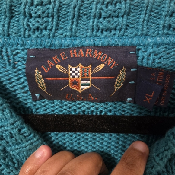 Lake Harmony Men's Vintage 100% Cotton Preppy Green Fisherman Chunky Sweater. XL - Picture 4 of 5